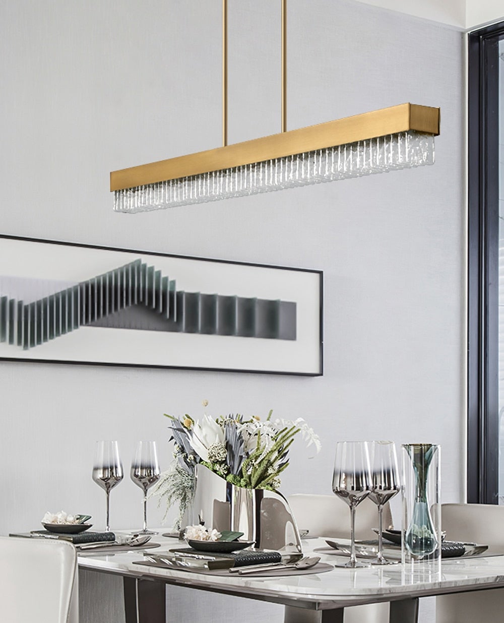 Long brass chandelier with frosted glass and gold finish creating modern elegance for dining room kitchen island foyer