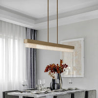 Thumbnail for Frosted Cascade long glass chandelier with wintery ice design creating elegant capstone for dining room table kitchen island