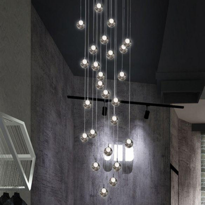 Round modern chandelier featuring frosted mosaic balls with cascading design for romantic spiral stairway foyer entryway,UL