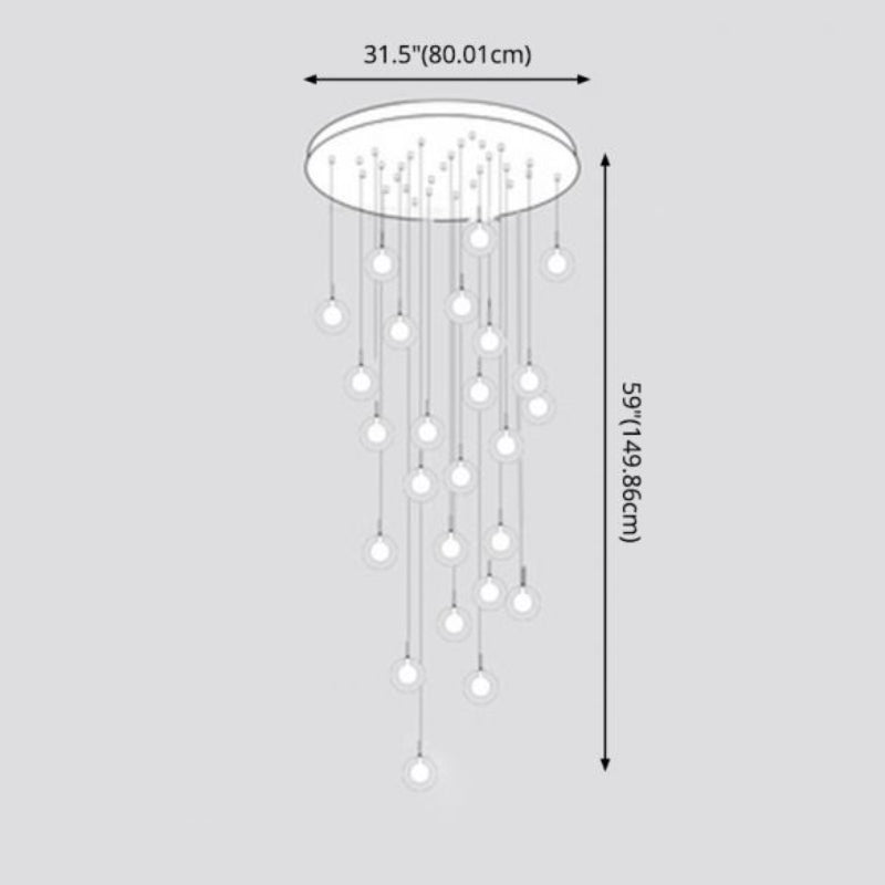 Bubble ball chandelier with frosted white transparent glass creating enchanting cascade for spiral staircase foyer high ceiling