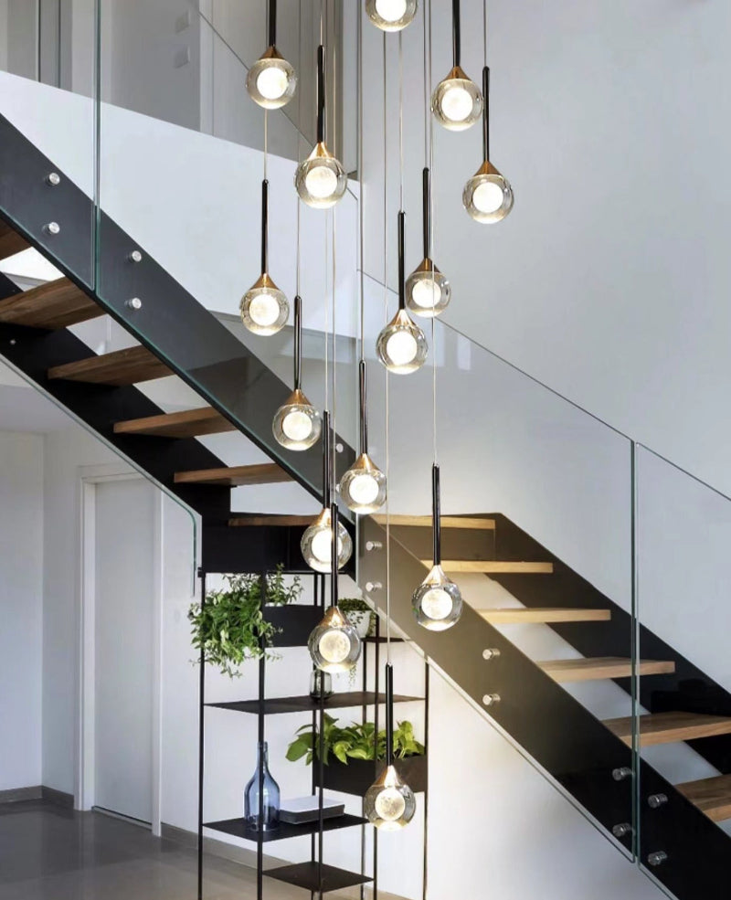 Modern mosaic crystal chandelier, laser-engraved moon K9 spheres for staircase foyer entryway two-story ceiling,random permutation