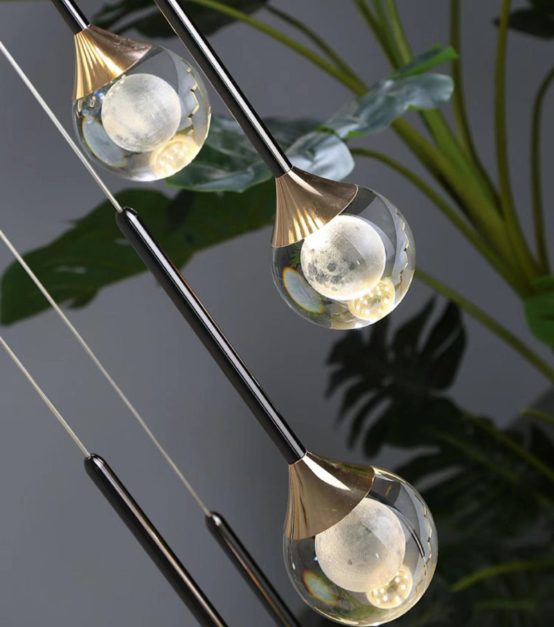 Mosaic crystal pendant light, laser-engraved moon design for staircase foyer entryway two-story high ceiling