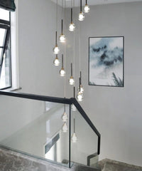 Thumbnail for Unique mosaic crystal bubble chandelier with Gemstone Cascade laser-engraved moon spheres in spiral arrangement for staircase foyer entryway