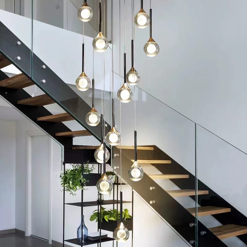 UL-certified mosaic crystal chandelier lighting with Gemstone Cascade laser-engraved moon spheres for staircase foyer entryway two-story ceiling