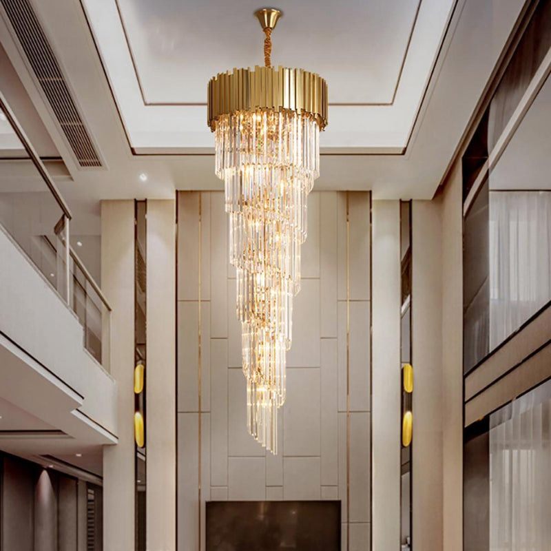 Luxurious chandelier hanging in a modern interior setting with neutral tones.