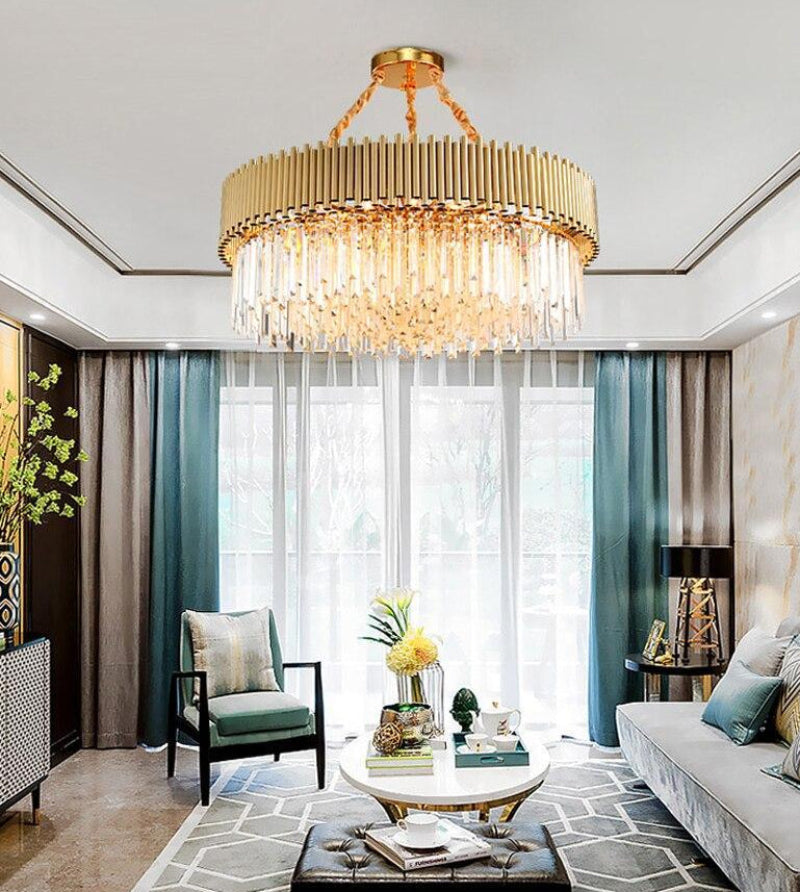 Elegant gold K9 crystal chandelier creating most lavish environment for sophisticated dining room living room foyer lighting