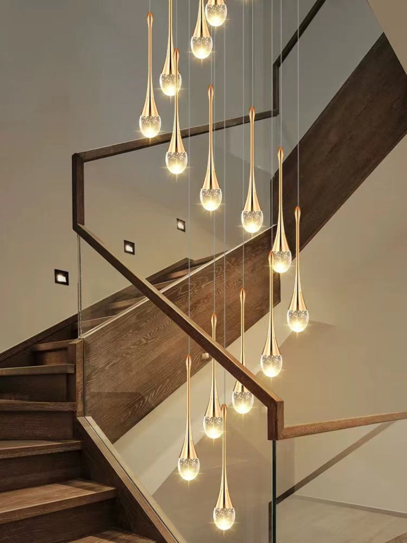 Gold crystal teardrop chandelier, solid crystal with bubble effects for staircase foyer entryway two-story ceiling,UL