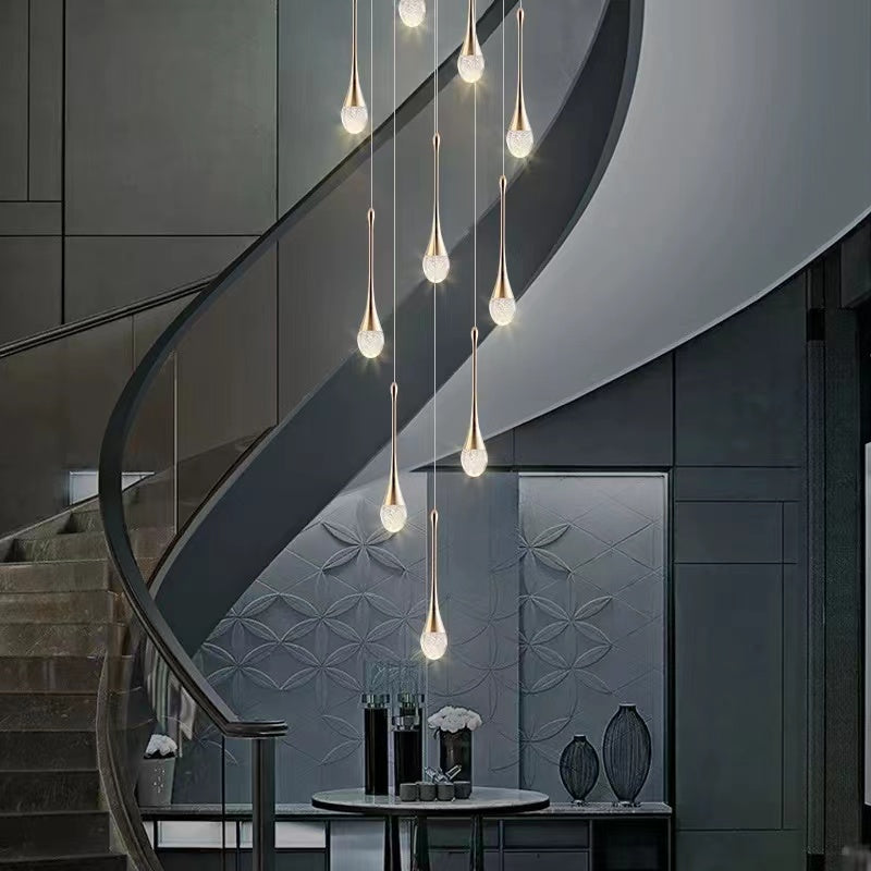 Gold crystal teardrop bubble chandelier, solid crystal with internal effects for staircase foyer entryway lighting