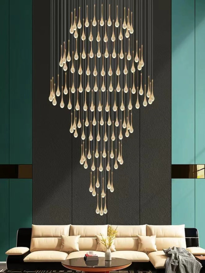Modern gold crystal teardrop chandelier, solid crystal with bubble effects for staircase foyer entryway lighting