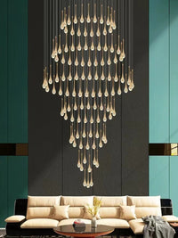 Thumbnail for Modern gold crystal teardrop chandelier, solid crystal with bubble effects for staircase foyer entryway lighting