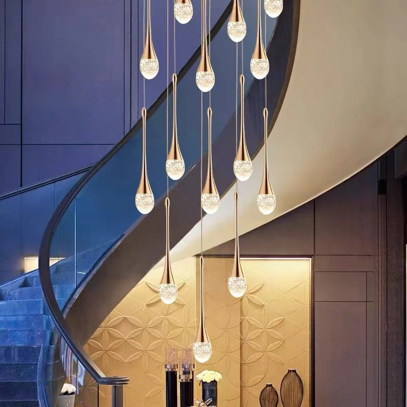 Round gold crystal teardrop chandelier, solid crystal with bubble effects for foyer staircase entryway high ceiling