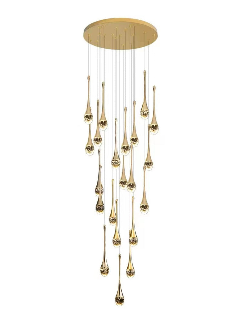 Gold crystal teardrop chandelier, solid crystal with bubble effects for staircase foyer entryway two-story ceiling