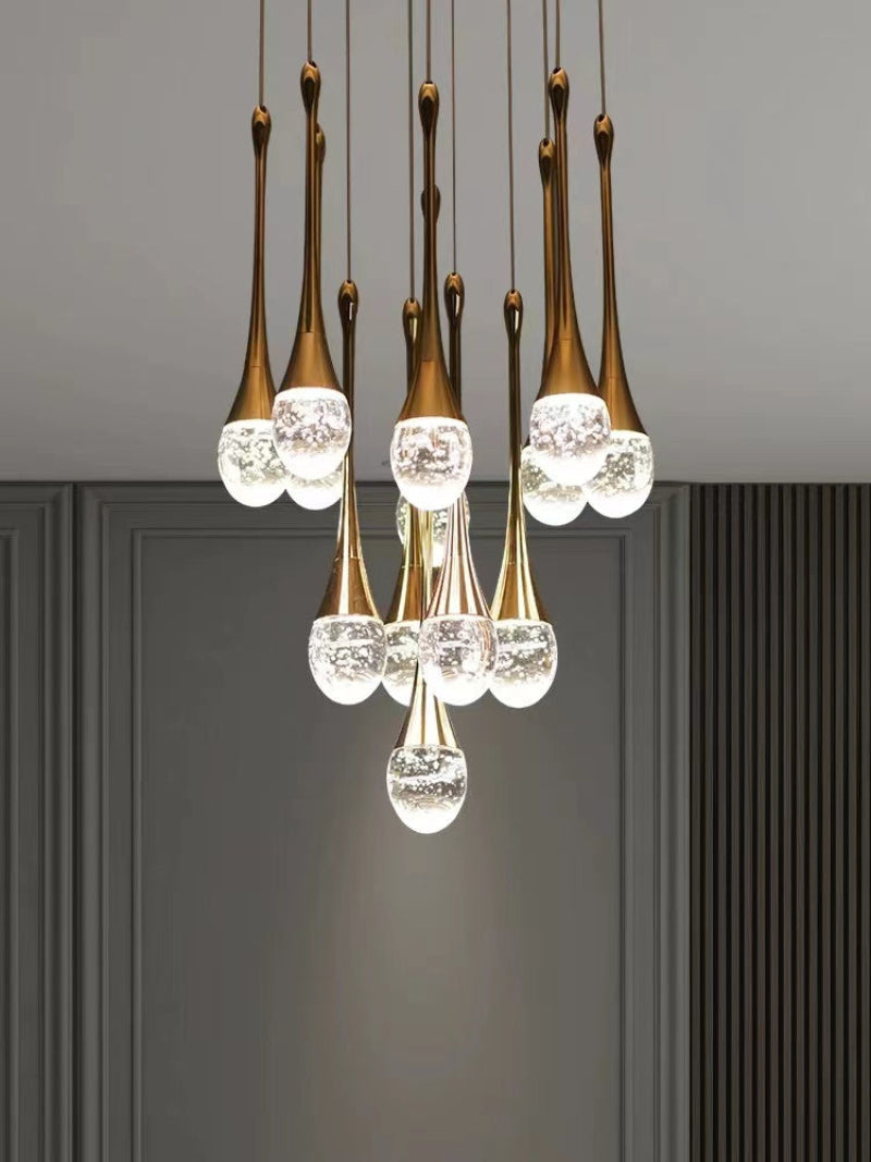 Gold crystal teardrop chandelier, solid crystal with bubble effects for dining room foyer staircase entryway