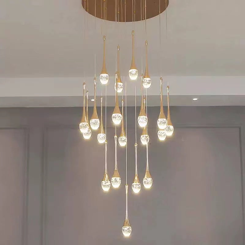 Hanging gold crystal teardrop chandelier, solid crystal with bubble effects for staircase foyer entryway lighting