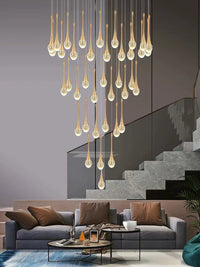 Thumbnail for Gold modern crystal teardrop chandelier featuring Golden Tears solid crystal with internal bubble effects for foyer staircase entryway lighting