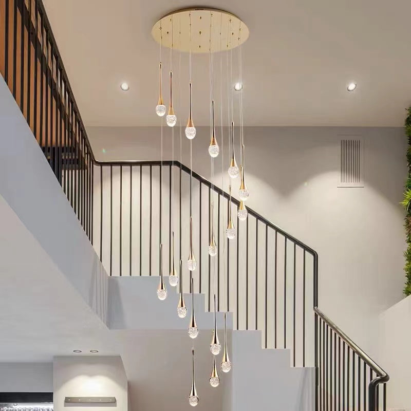 Round modern gold crystal teardrop chandelier with Golden Tears solid crystal bubble effects in spiral arrangement for foyer staircase entryway
