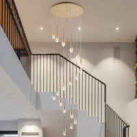 Thumbnail for Round modern gold crystal teardrop chandelier with Golden Tears solid crystal bubble effects in spiral arrangement for foyer staircase entryway