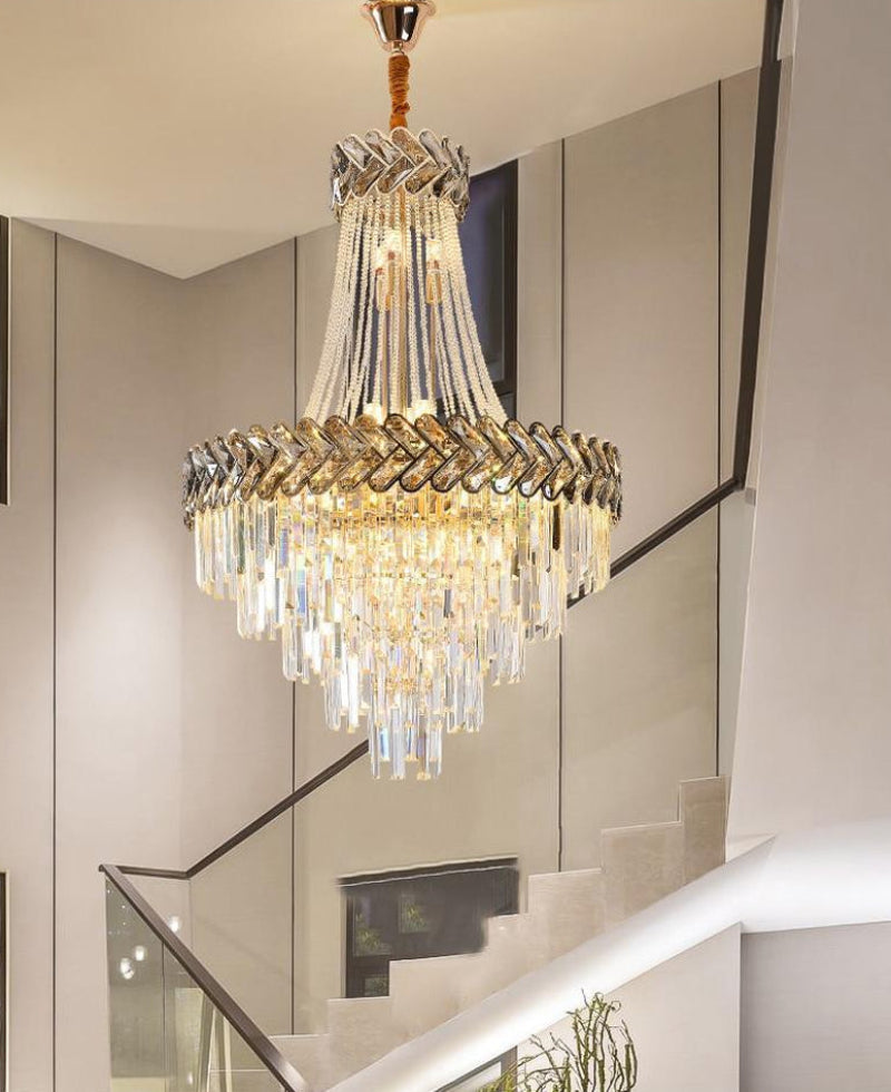 Black tinted K9 crystal pendant lights with chevron design and dimmable LED creating customizable ambiance for dining room