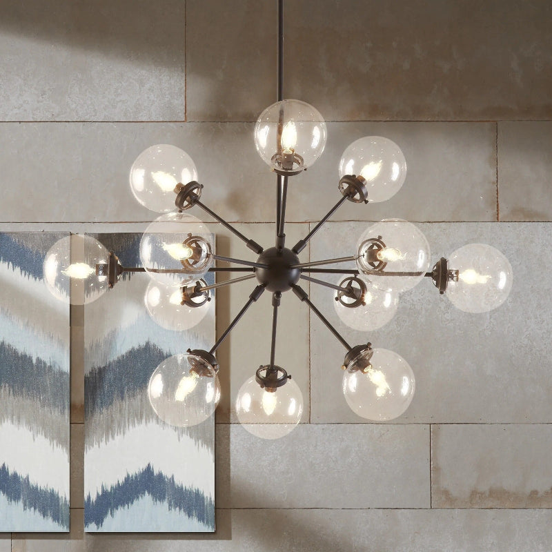 Retro futuristic sputnik chandelier with orb center and starburst array creating industrial flair for dining room kitchen island