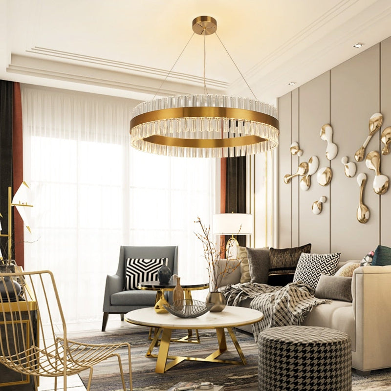 Round two-layer crystal chandelier with golden bronze creating versatile elegance for dining room living room family room hotel