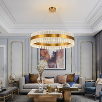 Thumbnail for Crystal dining chandelier with two layers of clear K9 crystals creating warm inviting atmosphere for dining room family room