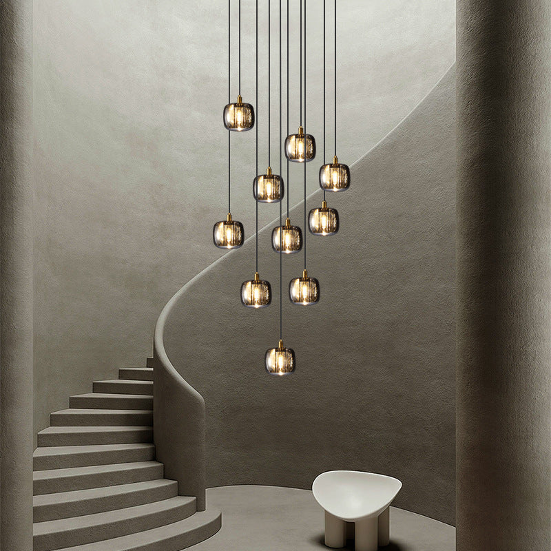 Modern black spiral staircase chandelier, square K9 crystal pendants for two-story foyer high ceiling