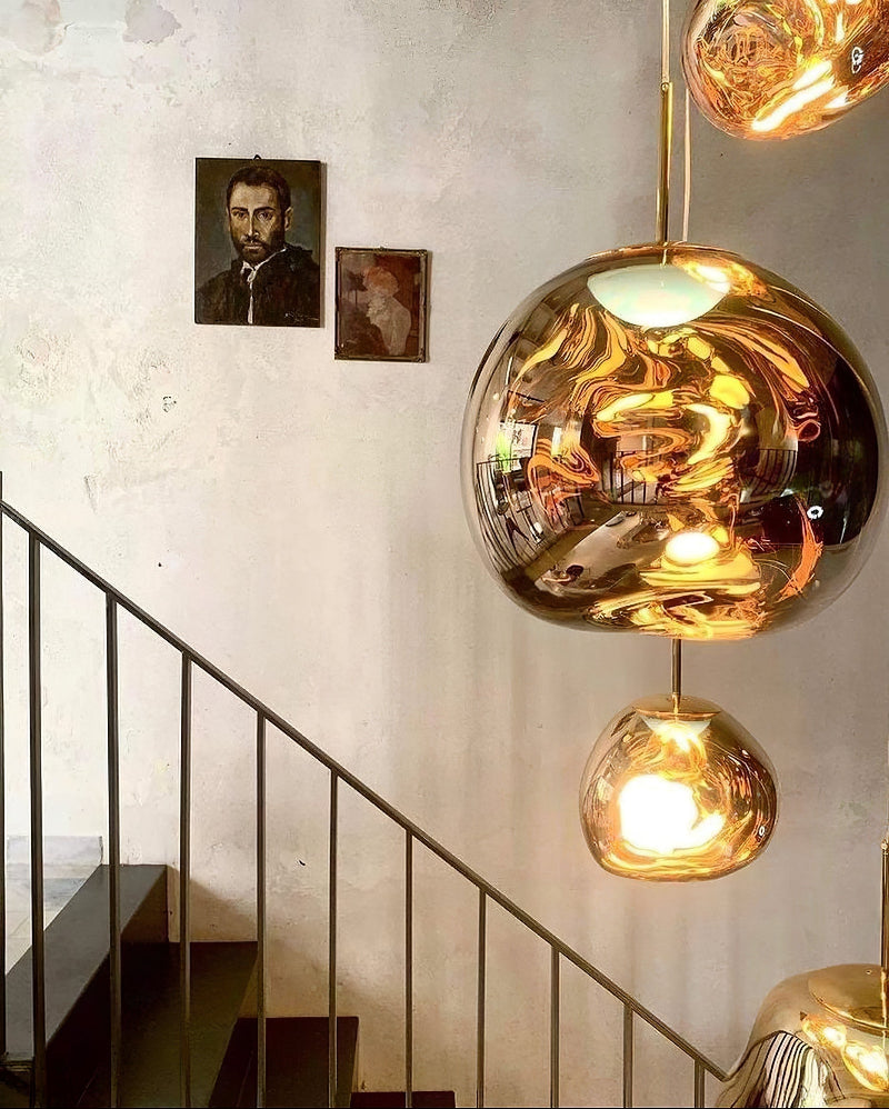 Gold lava bubble pendant light, featuring a molten design, suitable for modern lighting in spaces such as dining rooms, kitchen islands, living rooms, and foyers.