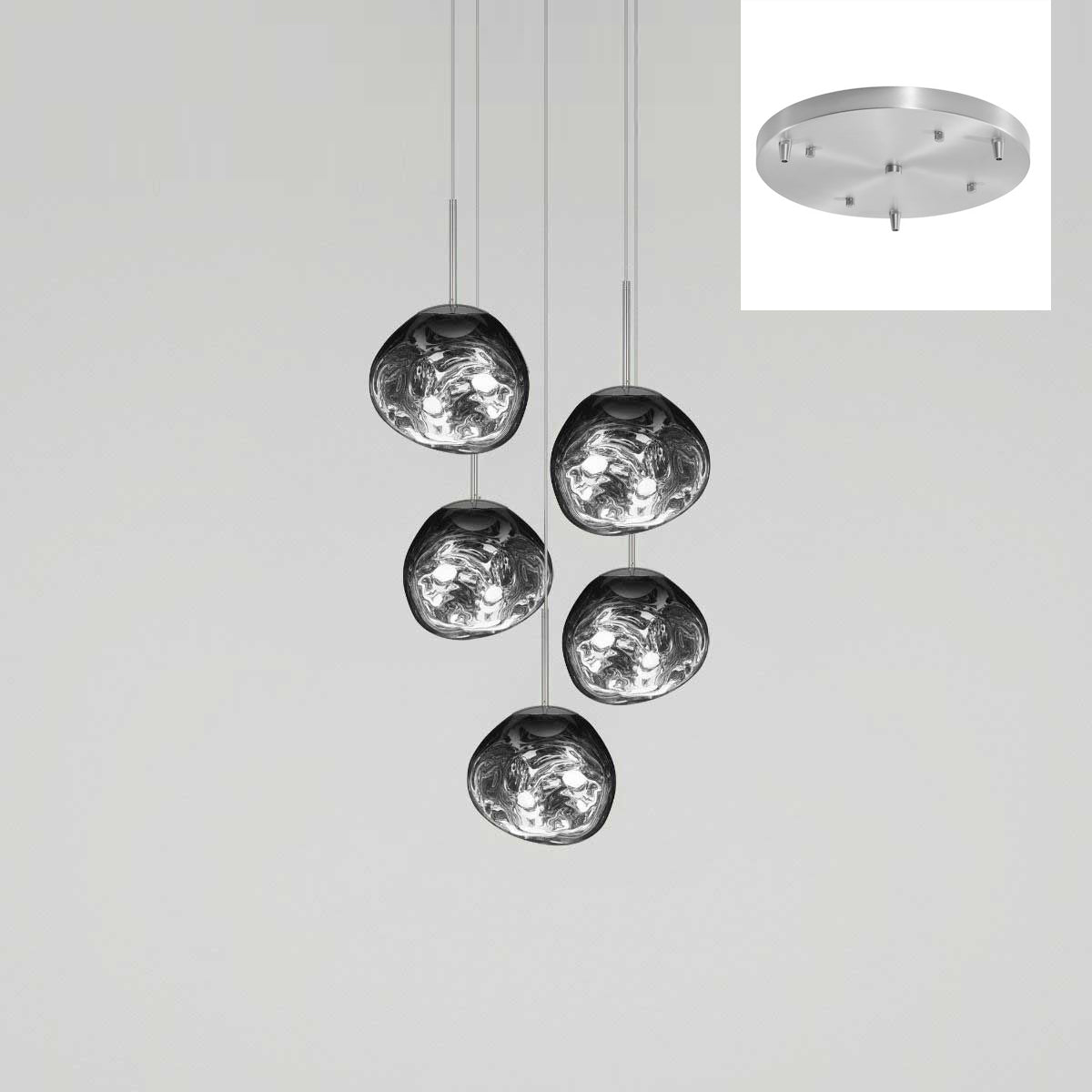 A set of five chrome-colored lava bubble pendant lights, suitable for modern lighting in spaces such as living rooms, dining rooms, kitchen islands, and entryways.