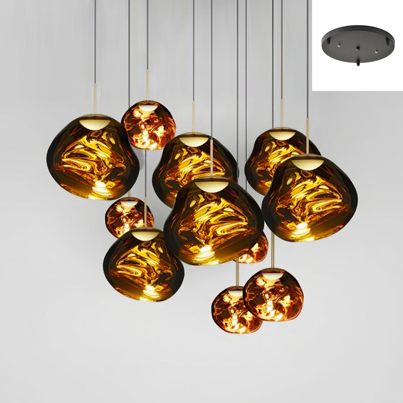 This 11-light gold lava bubble pendant chandelier features a molten design and is suitable for modern lighting in spaces such as dining rooms, kitchen islands, living rooms, and foyers.