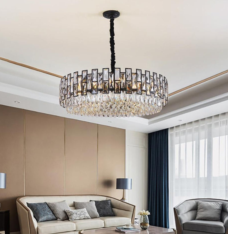 Mimis' Chalice chandelier with premium K9 crystals creating elegant luxurious ambiance for modern dining room living room