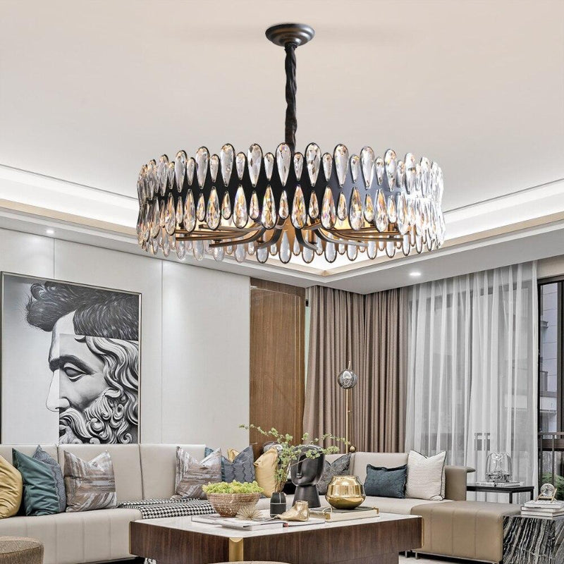 Hanging K9 crystal chandelier with Mimis' Droplet design creating luxurious edge for elegant dining room living room foyer