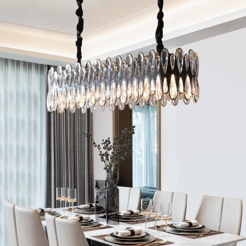 Hanging K9 crystal lights with Mimis' Mystery design creating luxurious edge for elegant dining room living room foyer lighting