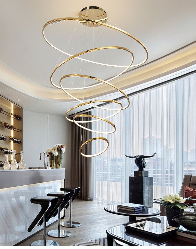 Modern stainless steel Multi-Ring chandelier with luxury circular design for dining room foyer entryway high ceiling installation