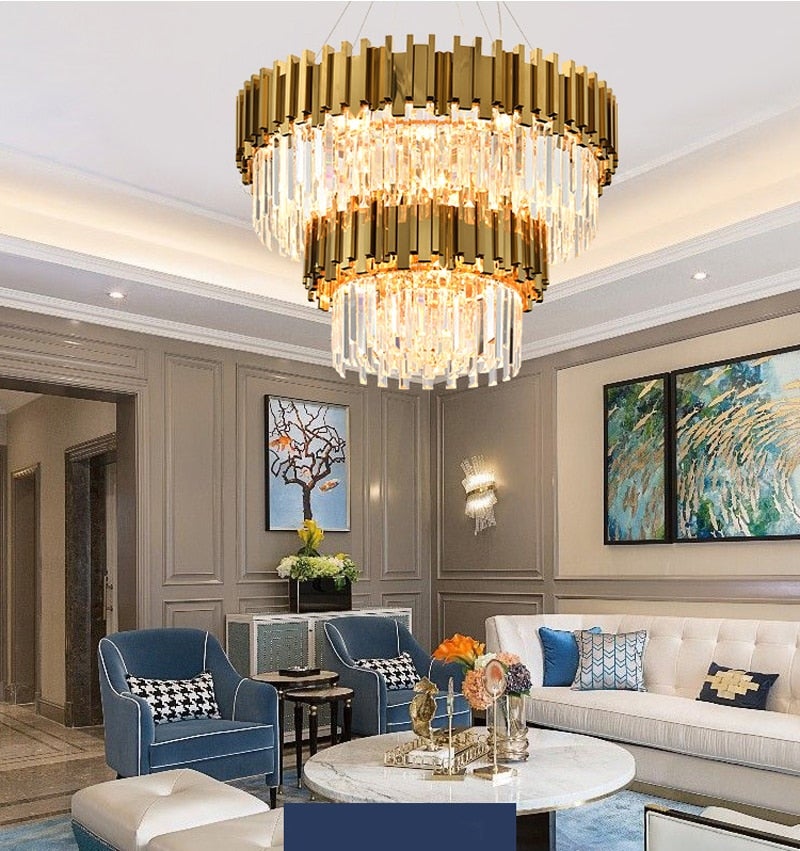 Multi-Ring modern crystal chandelier with circular design creating elegant lighting for dining room foyer living room high ceiling
