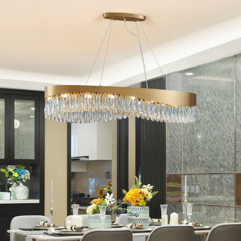 Gold oval crystal chandelier in modern dining room, K9 teardrop crystals, flush mount ceiling lighting