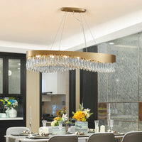 Thumbnail for Gold oval crystal chandelier in modern dining room, K9 teardrop crystals, flush mount ceiling lighting