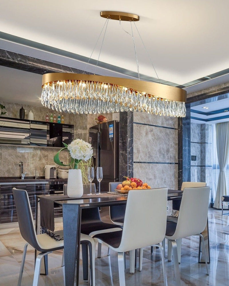 Modern gold oval chandelier for dining room, K9 crystal teardrops, dimmable LED flush mount fixture