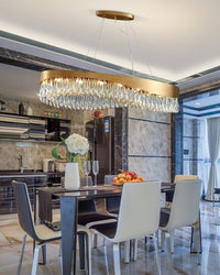 Thumbnail for Modern gold oval chandelier for dining room, K9 crystal teardrops, dimmable LED flush mount fixture