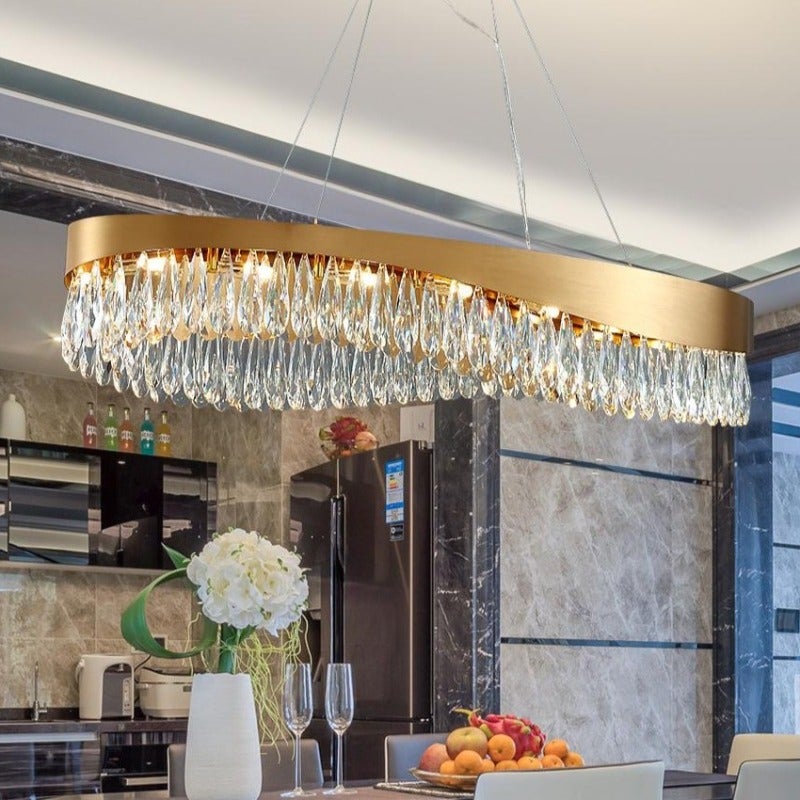 Modern oval crystal chandelier, gold stainless steel with K9 teardrops for dining room kitchen lighting