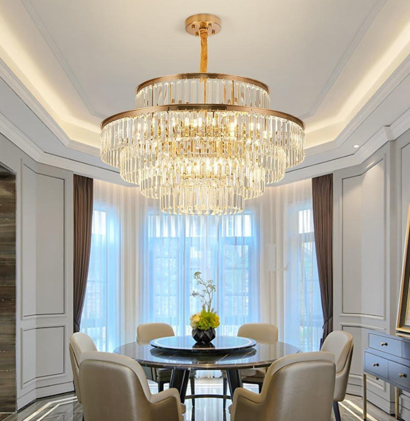 The Overhang crystal chandelier with luxurious craftsmanship and gold finish creating unparalleled style for foyer living room