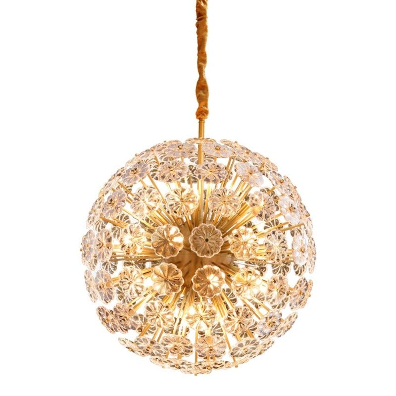 Radiant Floral Orb clear glass flower chandelier with crystal pendant lights creating elegant lighting for dining room foyer