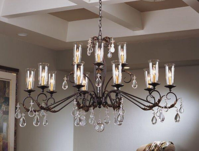 Vintage crystal oval chandelier with 15 lights and high-transmitting shade creating romantic elegance for large dining room