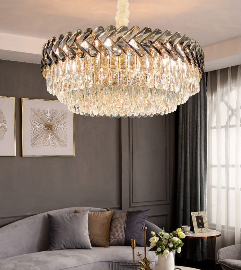 Contemporary black K9 crystal chandelier with adjustable height creating lavish atmosphere for dining room living room foyer