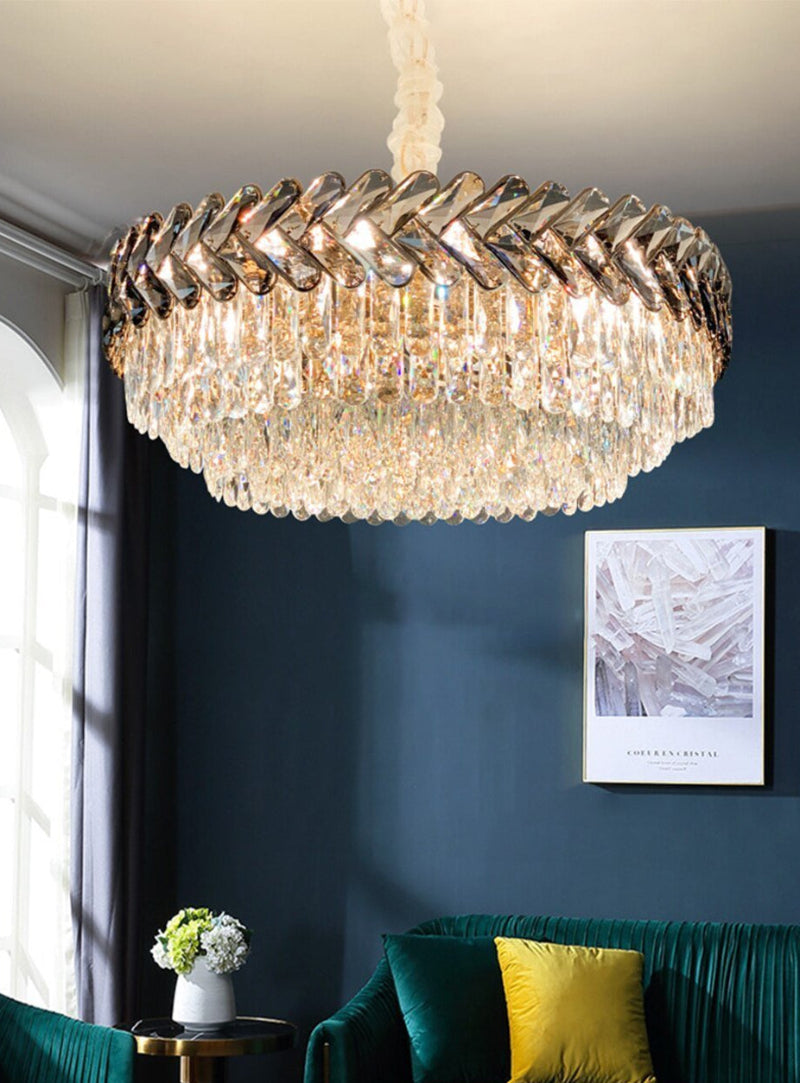 Black Wyvern K9 crystal chandelier with stunning crystals creating soft diffused illumination for modern dining room living room