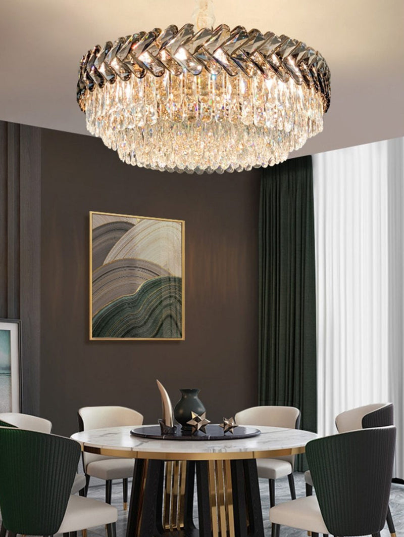 Black K9 crystal light fixture with polished finish creating impressively eye-catching focal point for dining room restaurant