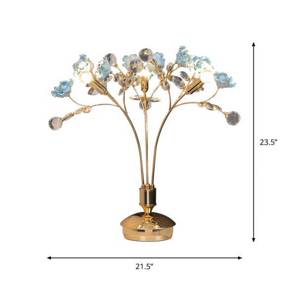 Ceramic flower desk lamp featuring Rose Bloom design with faceted crystal accents for decorative nightstand bedside table lighting