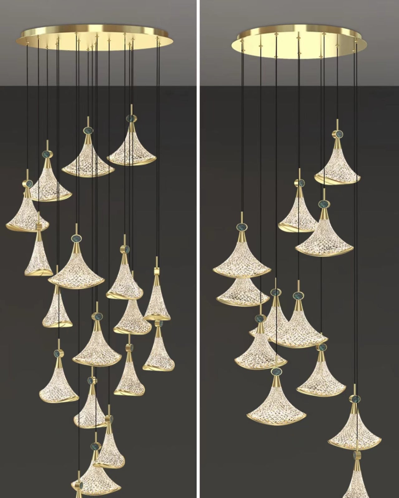 Shell Cascade stainless steel lighting creating elegant ambiance for staircase foyer entryway high ceiling contemporary space