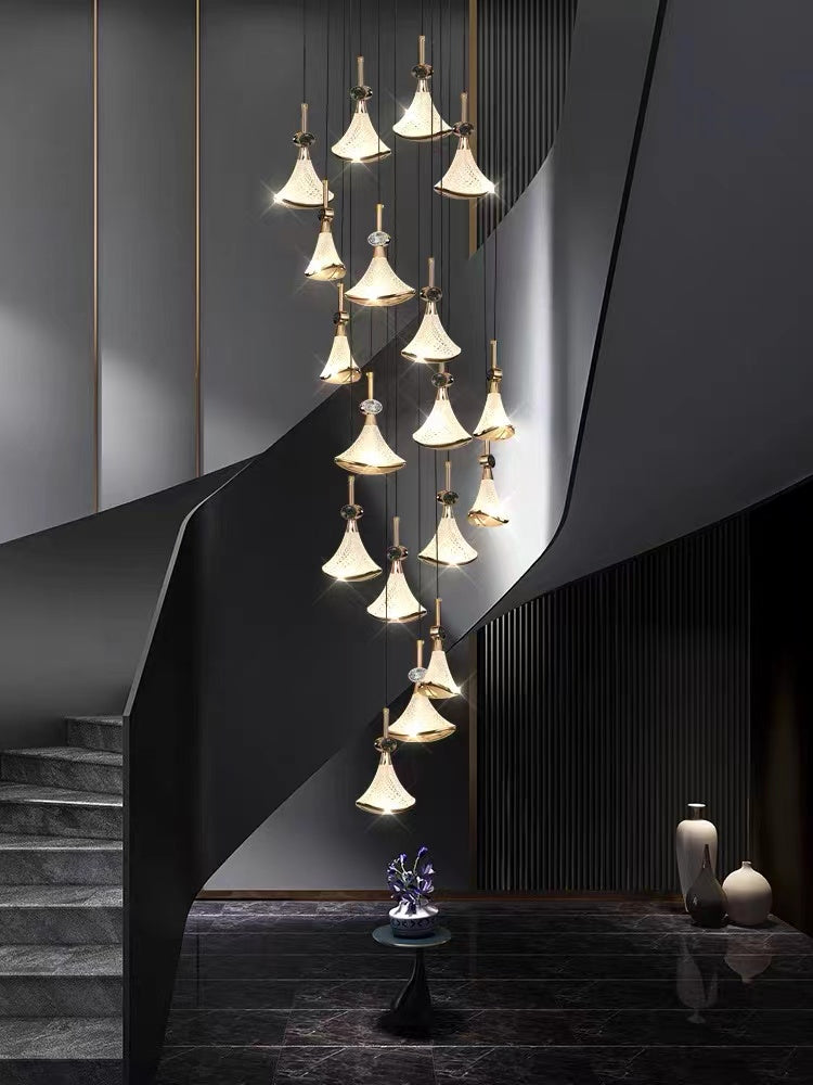 Shell Cascade stainless steel staircase chandelier with cascading design creating elegant lighting for foyer entryway high ceiling