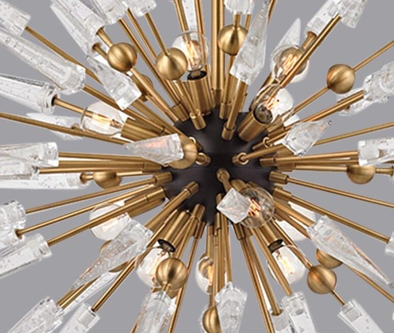 Modern crystal chandelier featuring Sputnik Star starburst design with multiple arms for luxury dining room living room lighting
