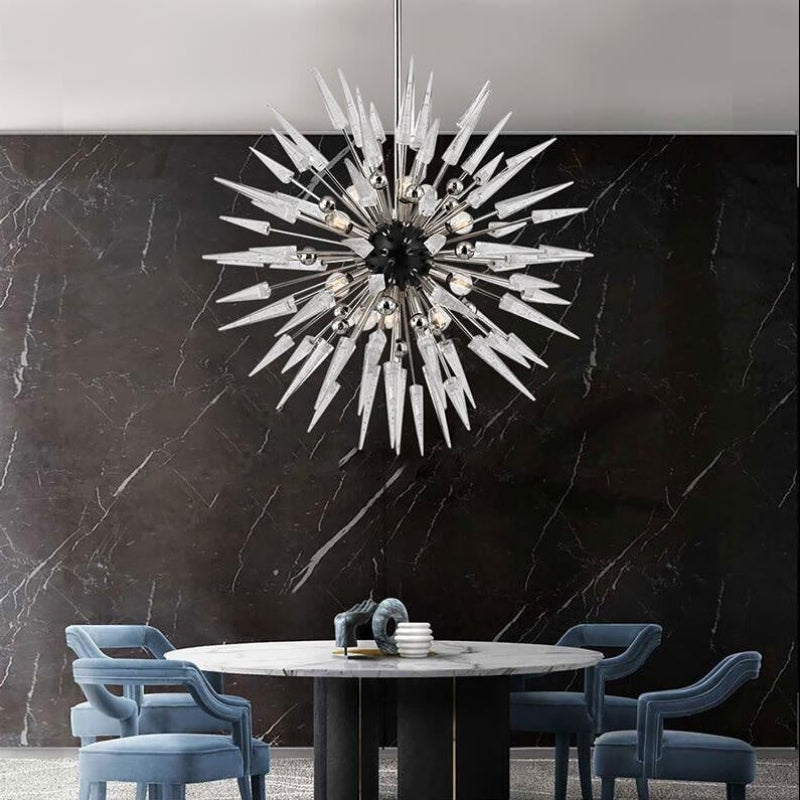 Sputnik Star unique crystal pendant chandelier with starburst design creating modern lighting for living room dining room high ceiling